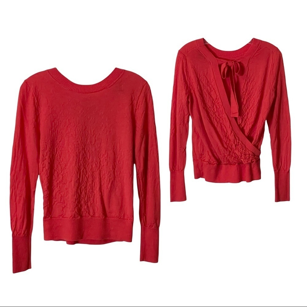 J Crew 100% Merino Wool Drape Back Cross Tie Knit Textured Red Sweater Size M